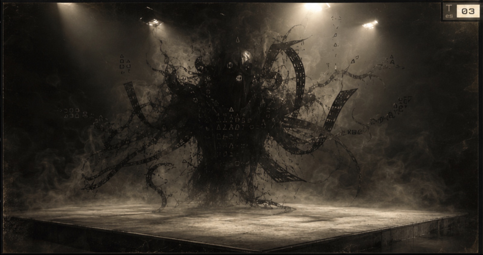 A creature of enciphered code looms over an empty ring
